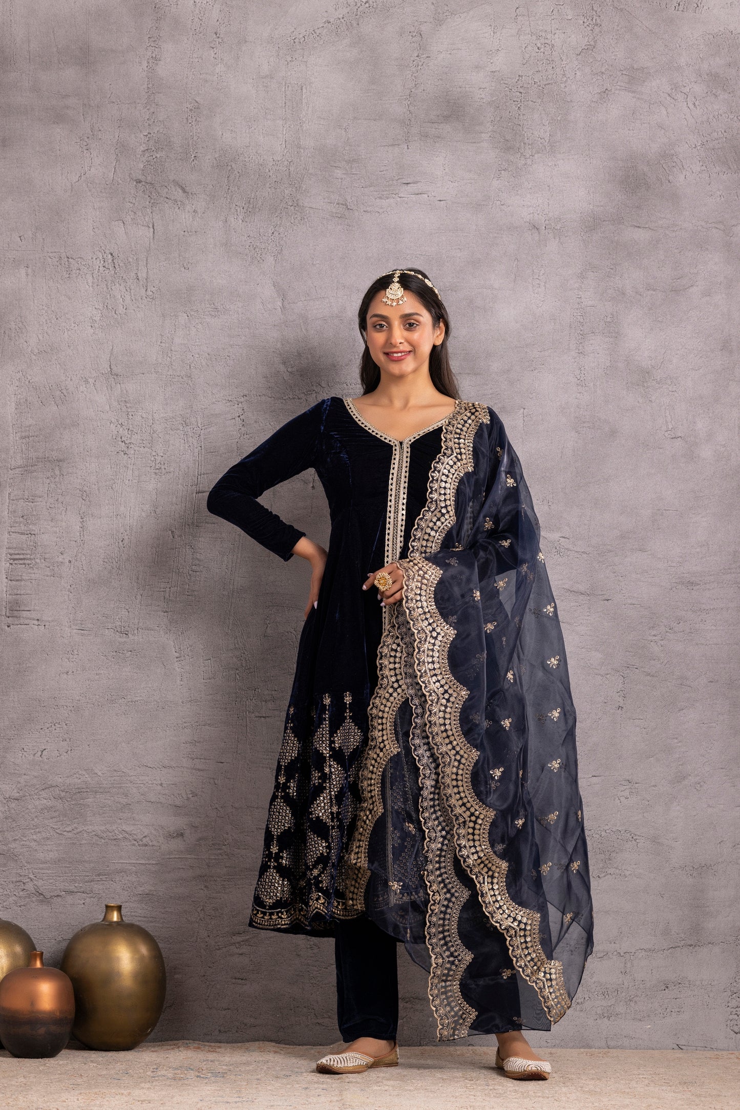 Navy blue velvet Suit Set with Organza Dupatta
