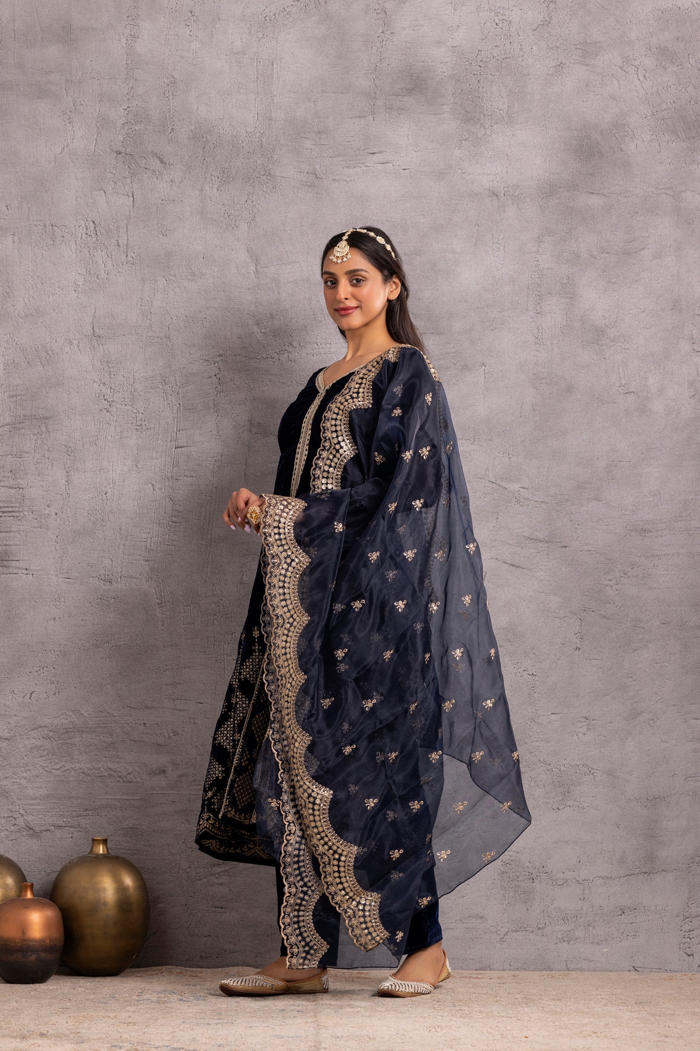 Navy blue velvet Suit Set with Organza Dupatta