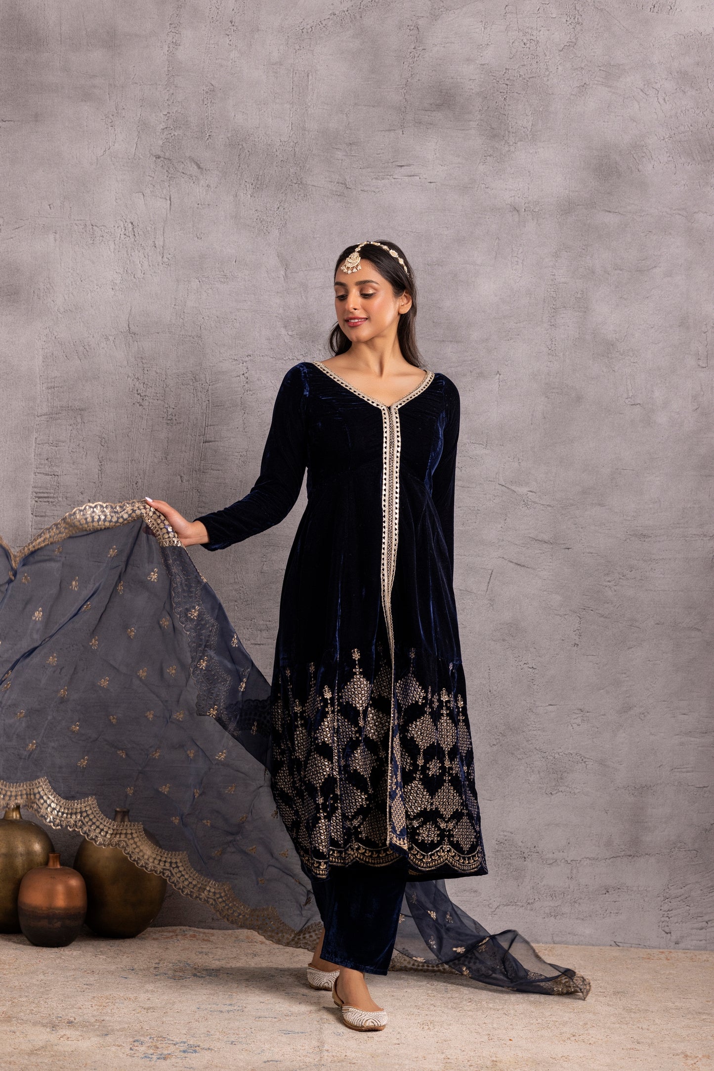Navy blue velvet Suit Set with Organza Dupatta