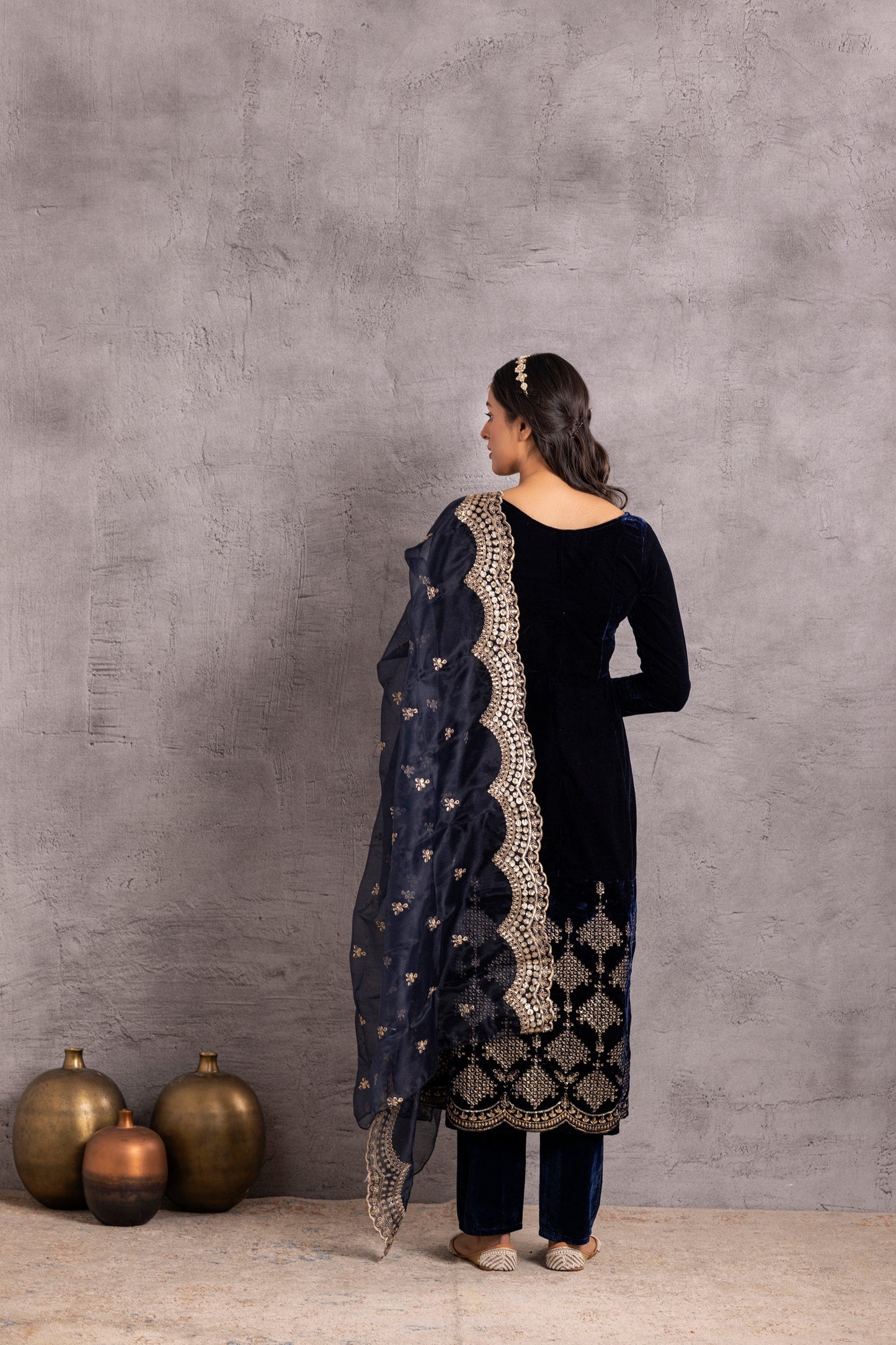 Navy blue velvet Suit Set with Organza Dupatta