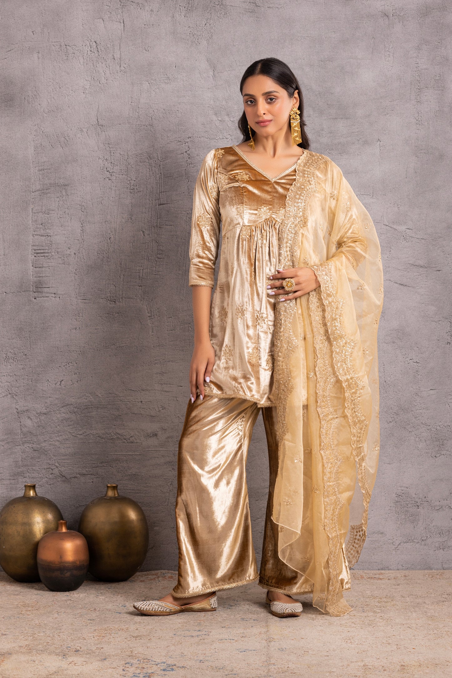 Gold velvet suit Set with Organza Dupatta