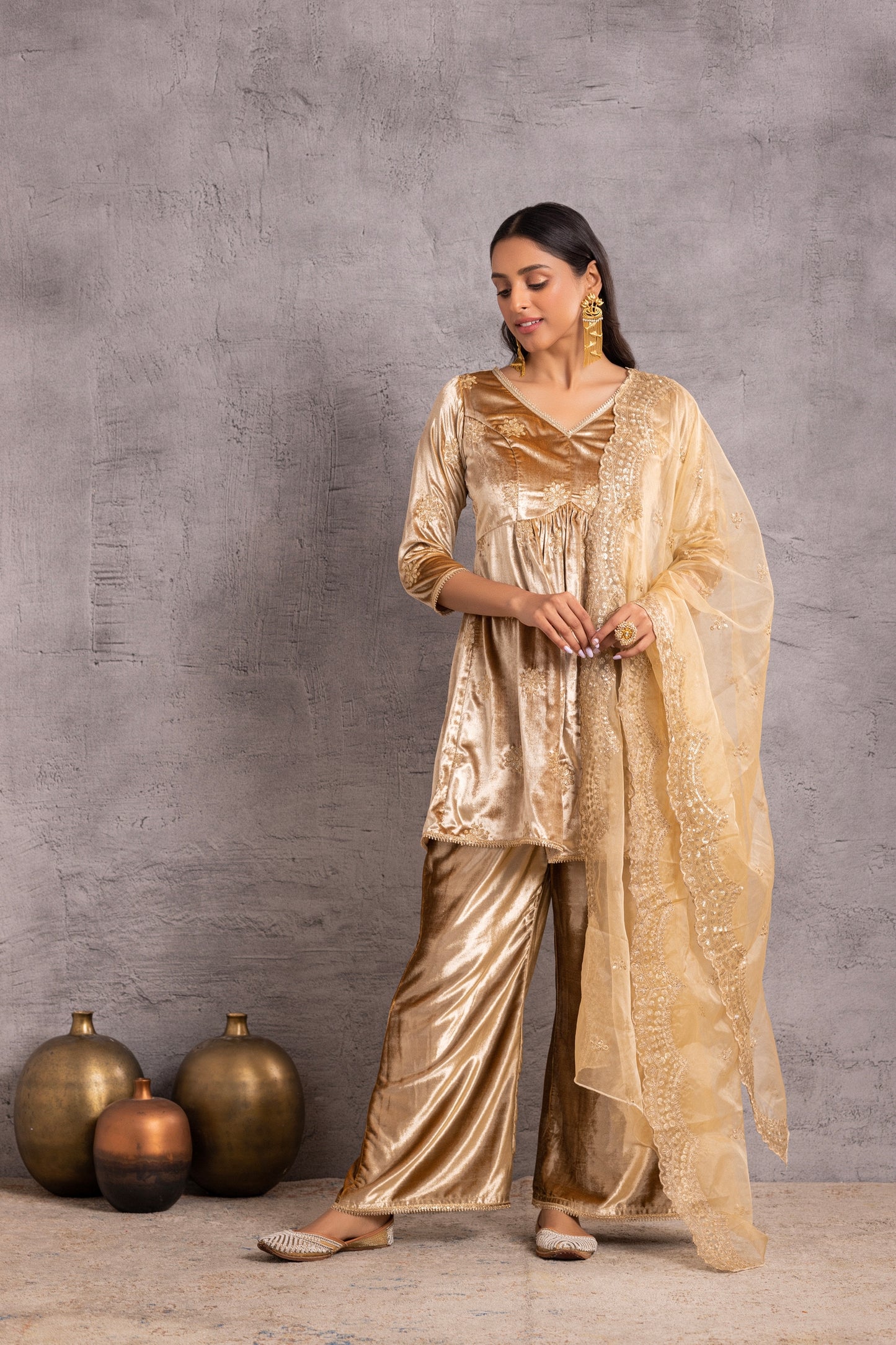 Gold velvet suit Set with Organza Dupatta