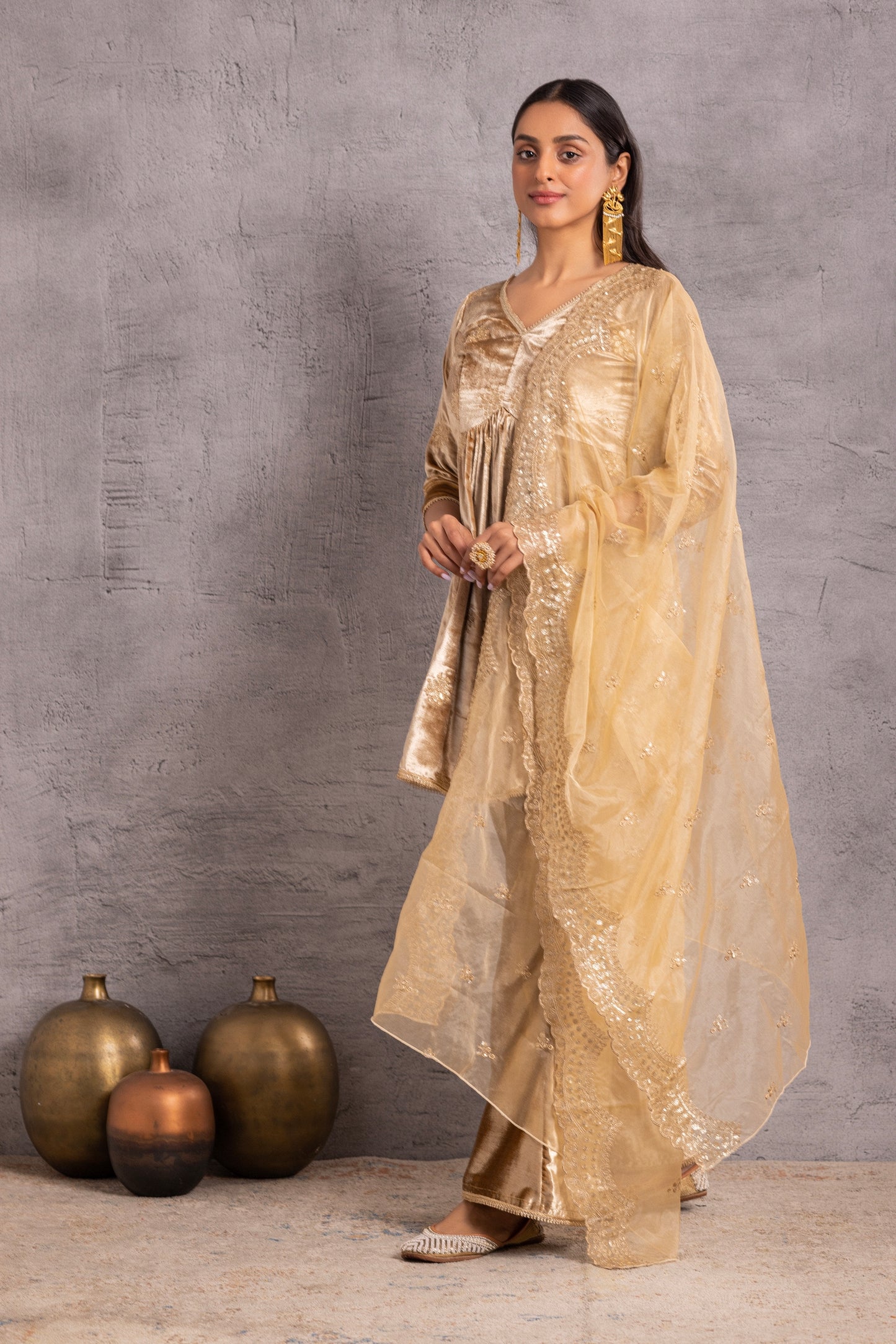 Gold velvet suit Set with Organza Dupatta
