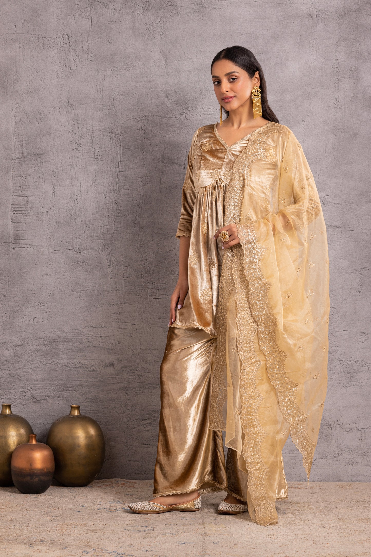 Gold velvet suit Set with Organza Dupatta
