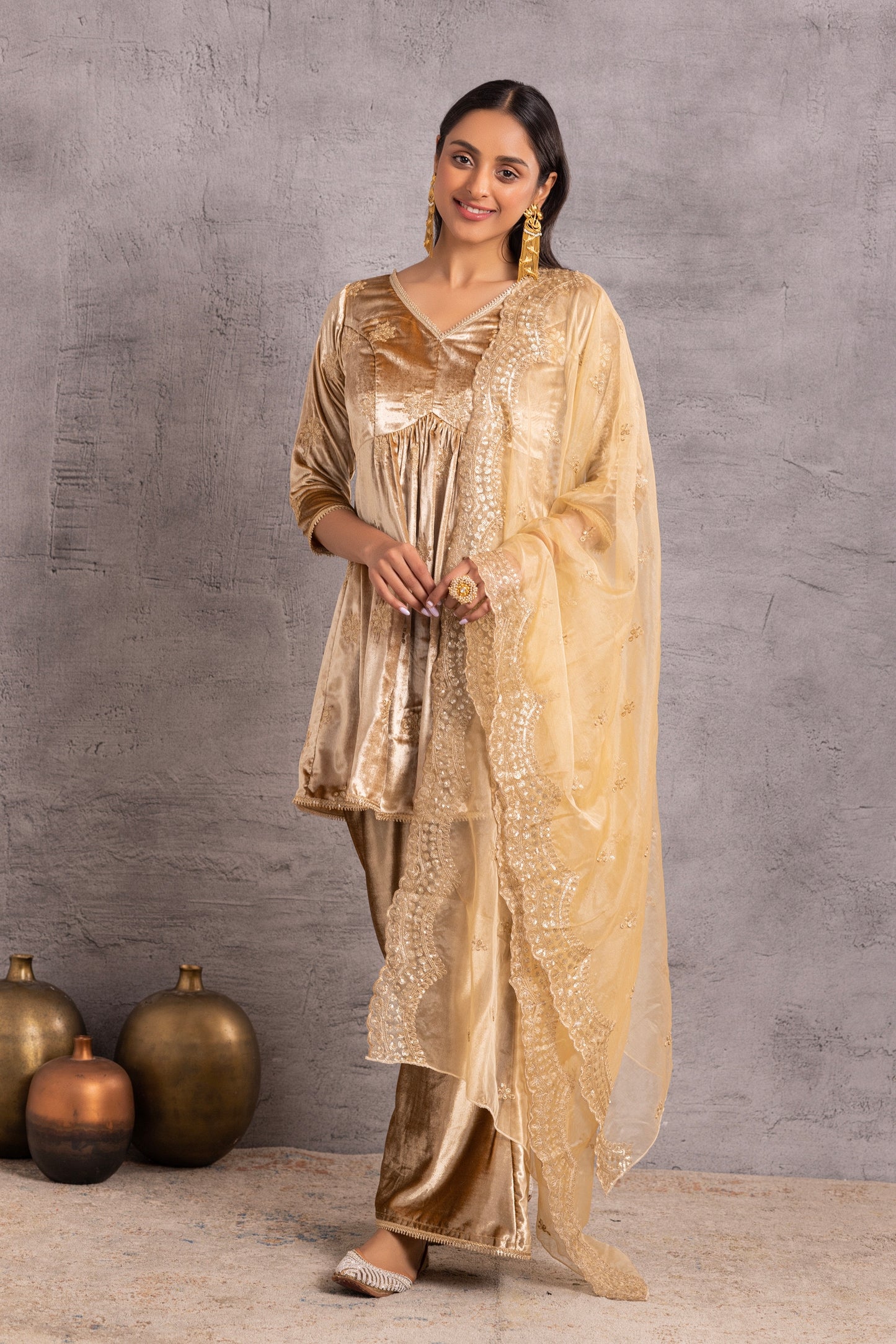 Gold velvet suit Set with Organza Dupatta