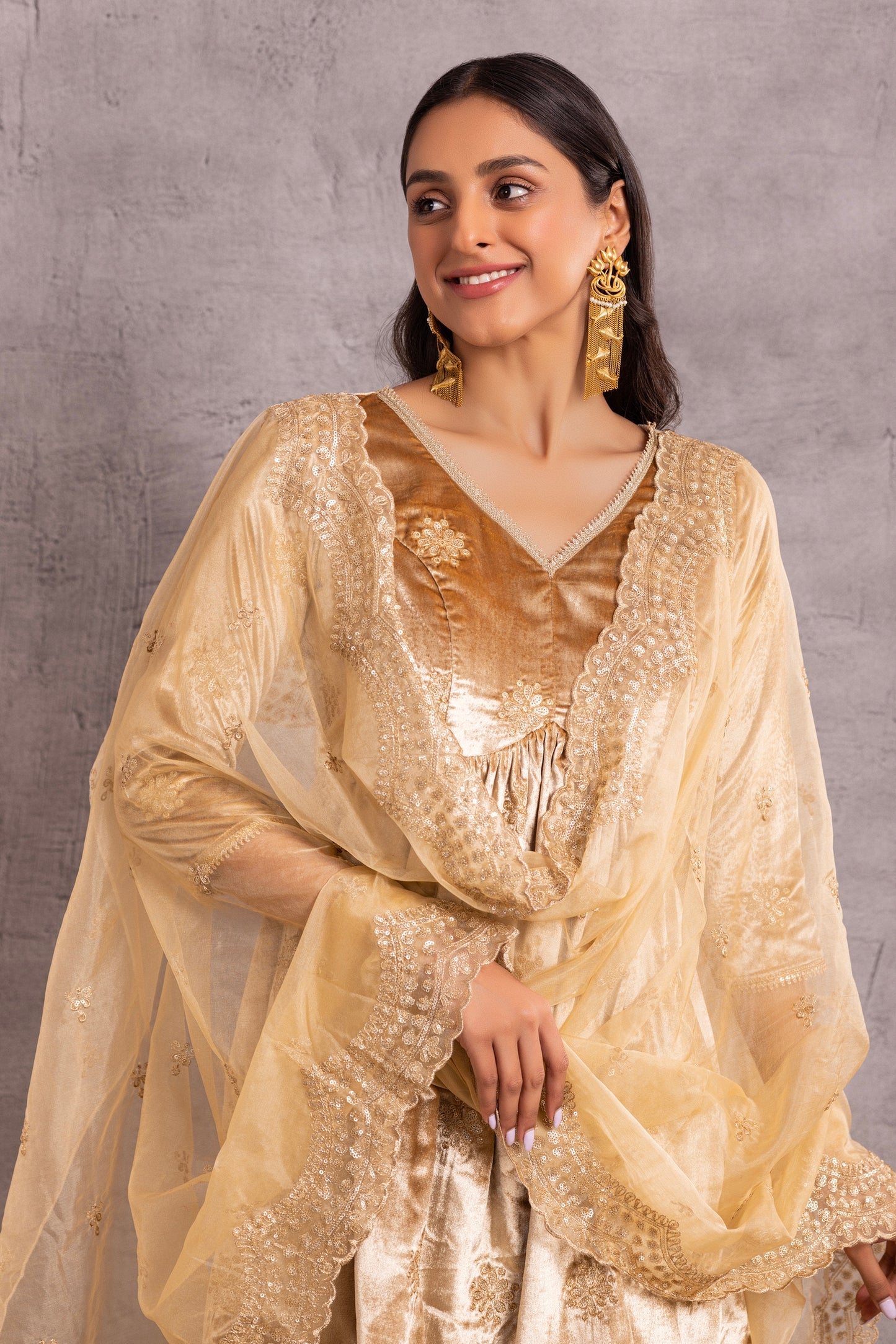 Gold velvet suit Set with Organza Dupatta