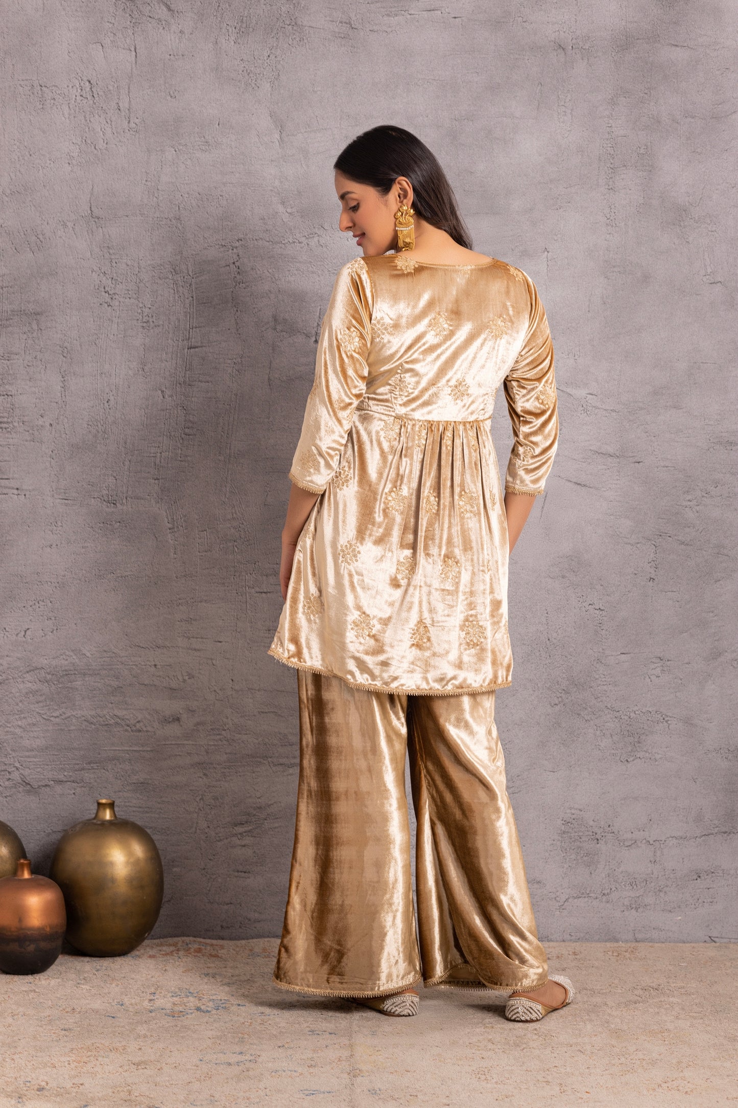Gold velvet suit Set with Organza Dupatta
