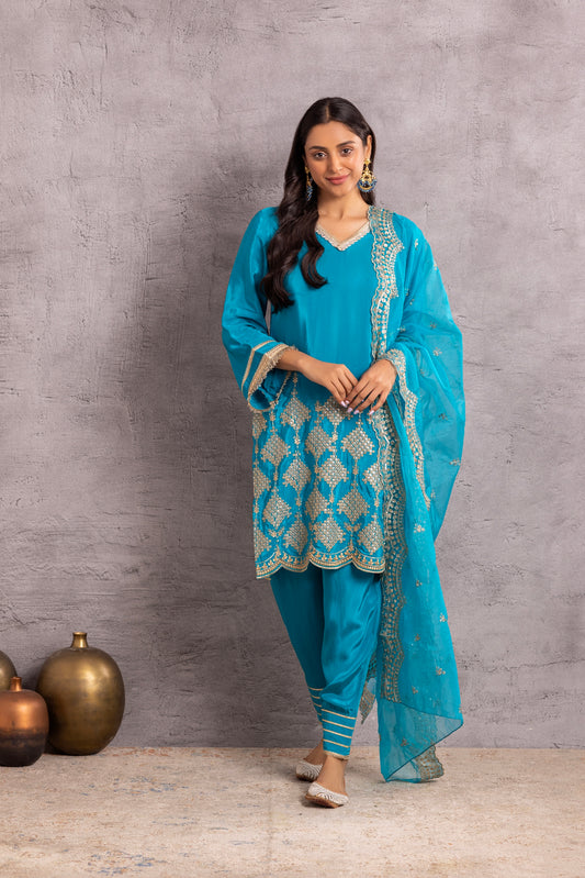 Azure Blue and Gold embroidered suit set