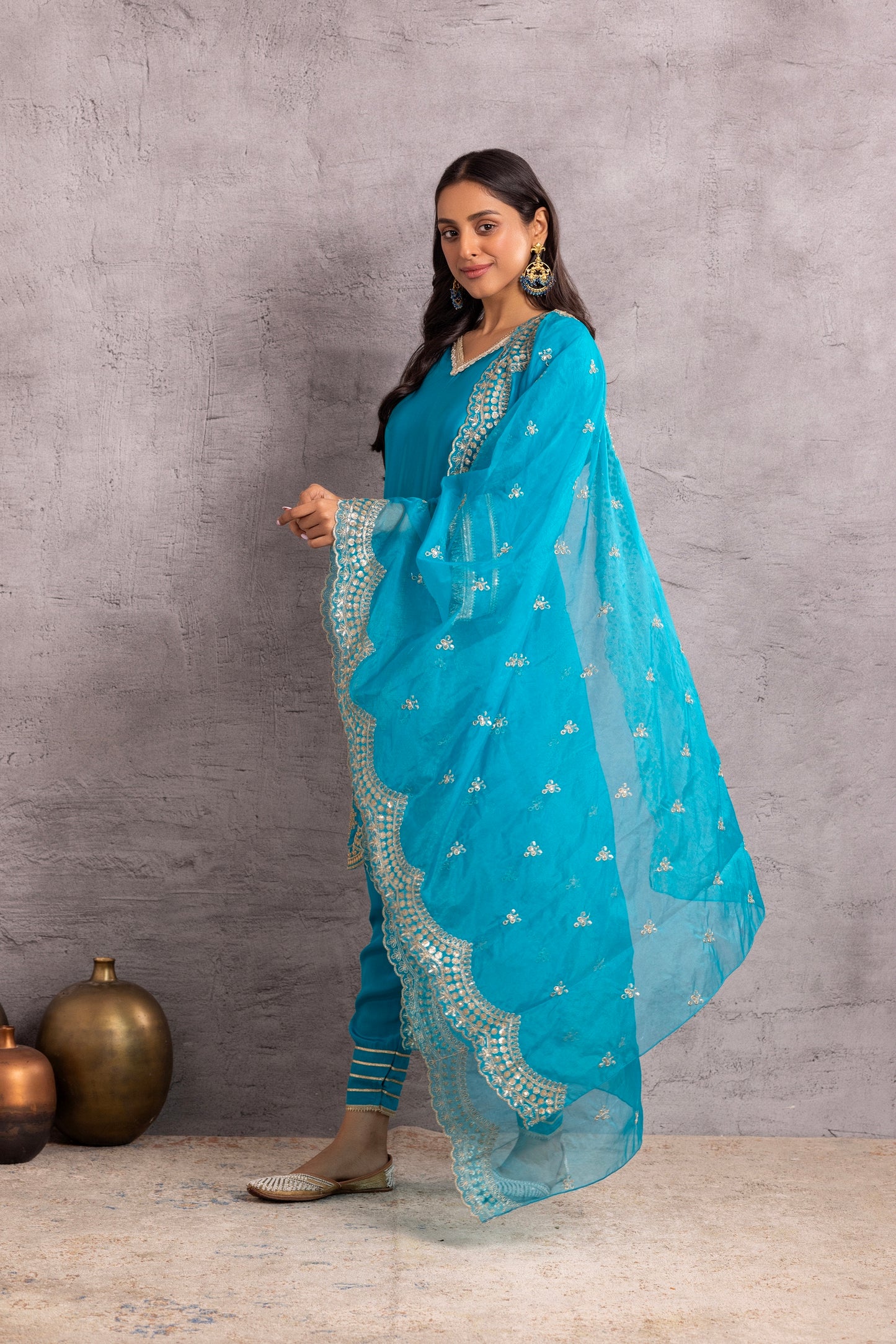 Azure Blue and Gold embroidered suit set