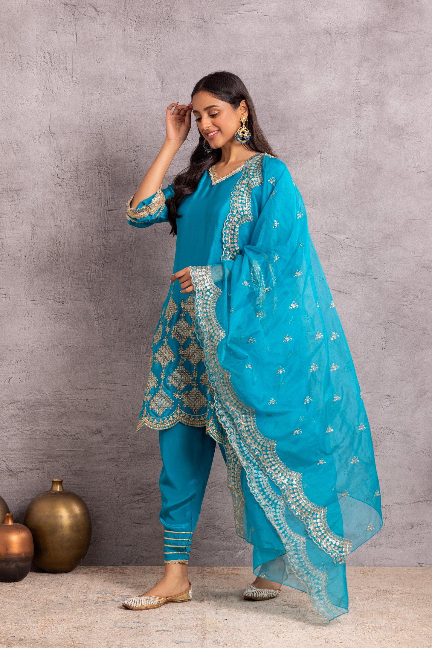 Azure Blue and Gold embroidered suit set