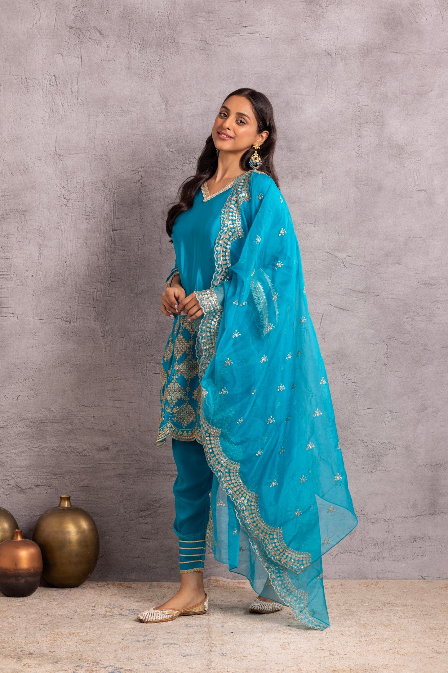 Azure Blue and Gold embroidered suit set