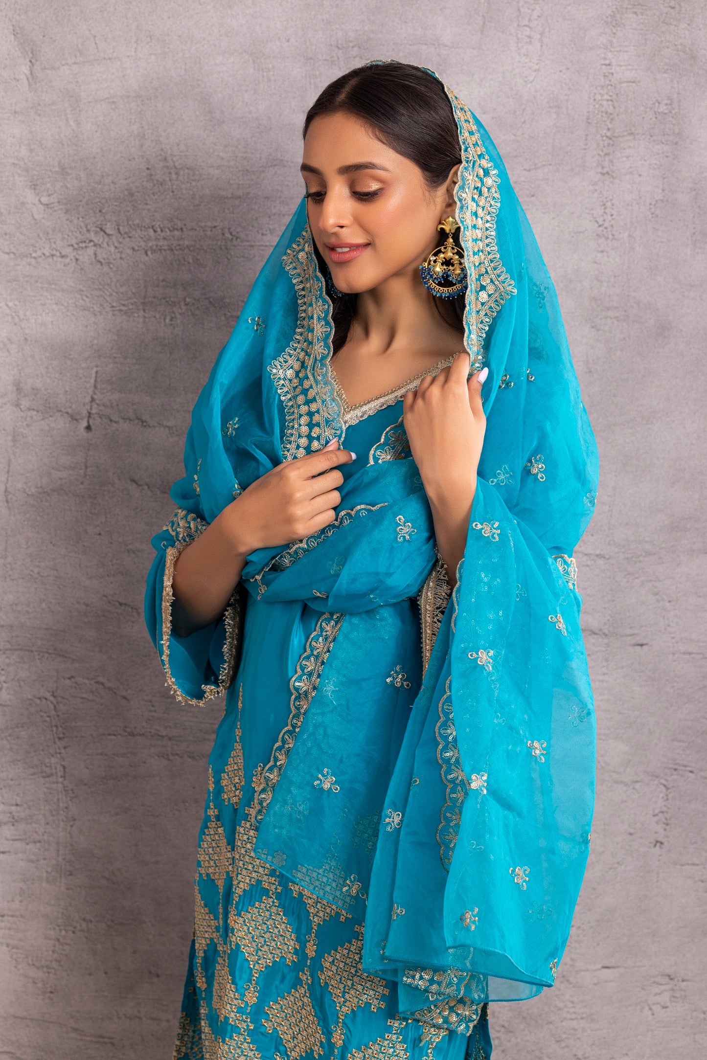Azure Blue and Gold embroidered suit set