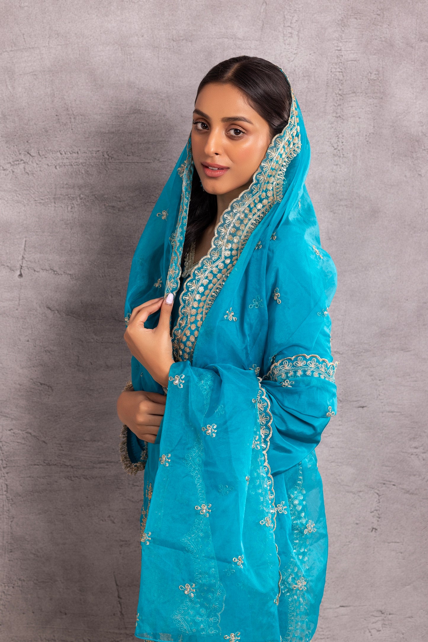 Azure Blue and Gold embroidered suit set