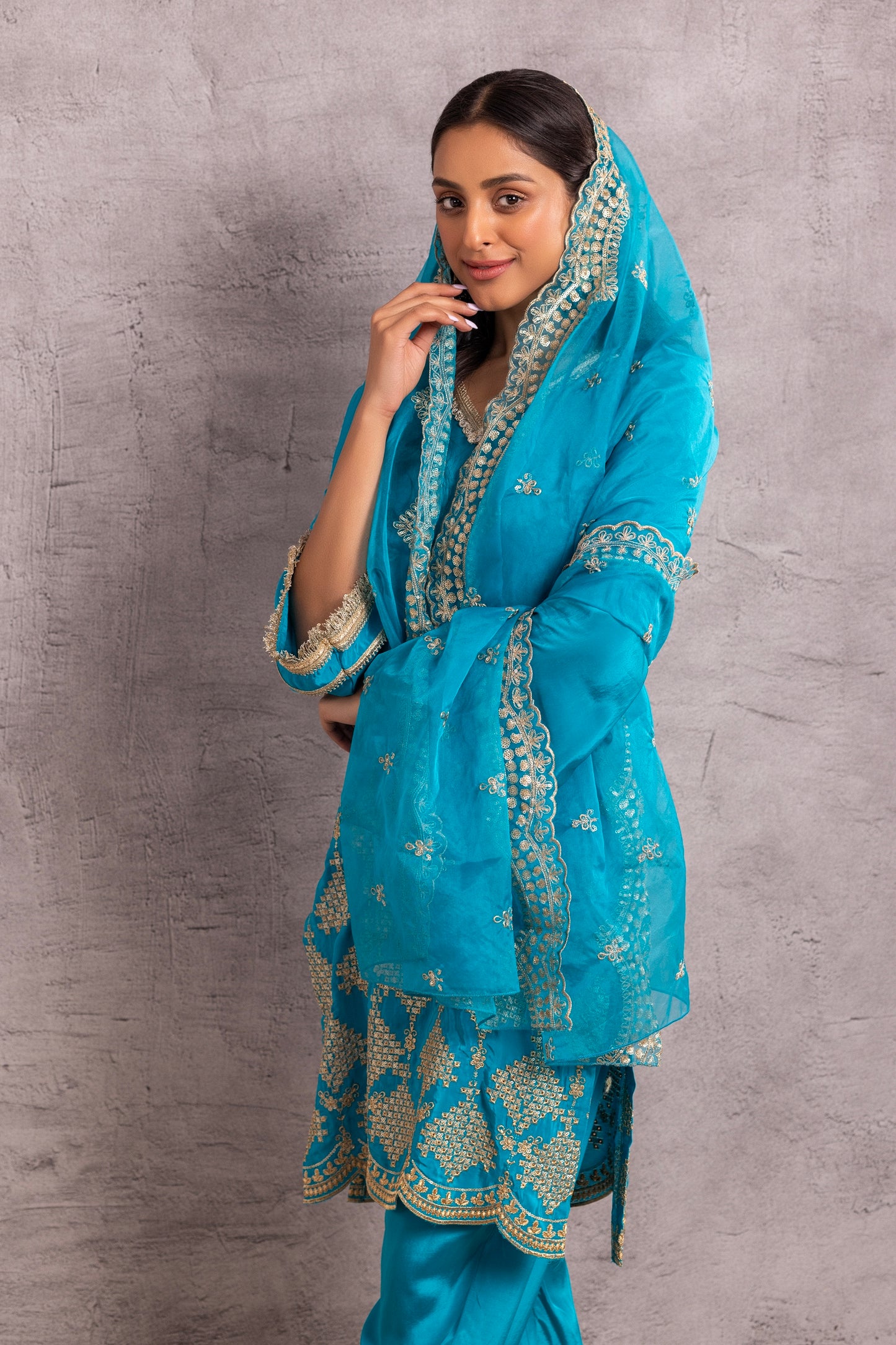 Azure Blue and Gold embroidered suit set