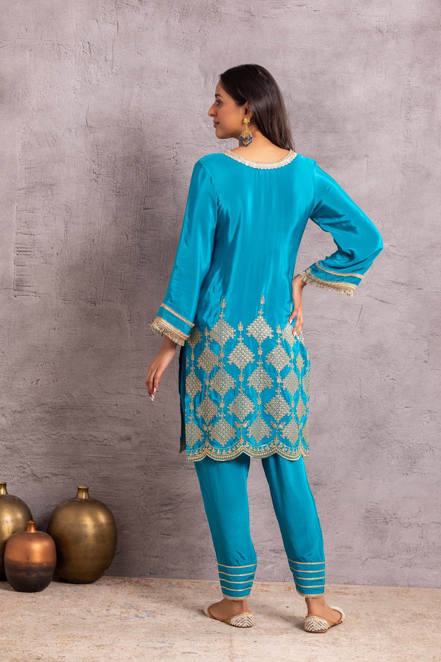 Azure Blue and Gold embroidered suit set