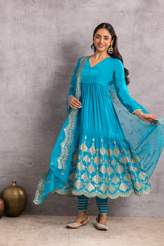 RAMA BLUE AND GOLD FLARED EMBROIDERED SUIT SET