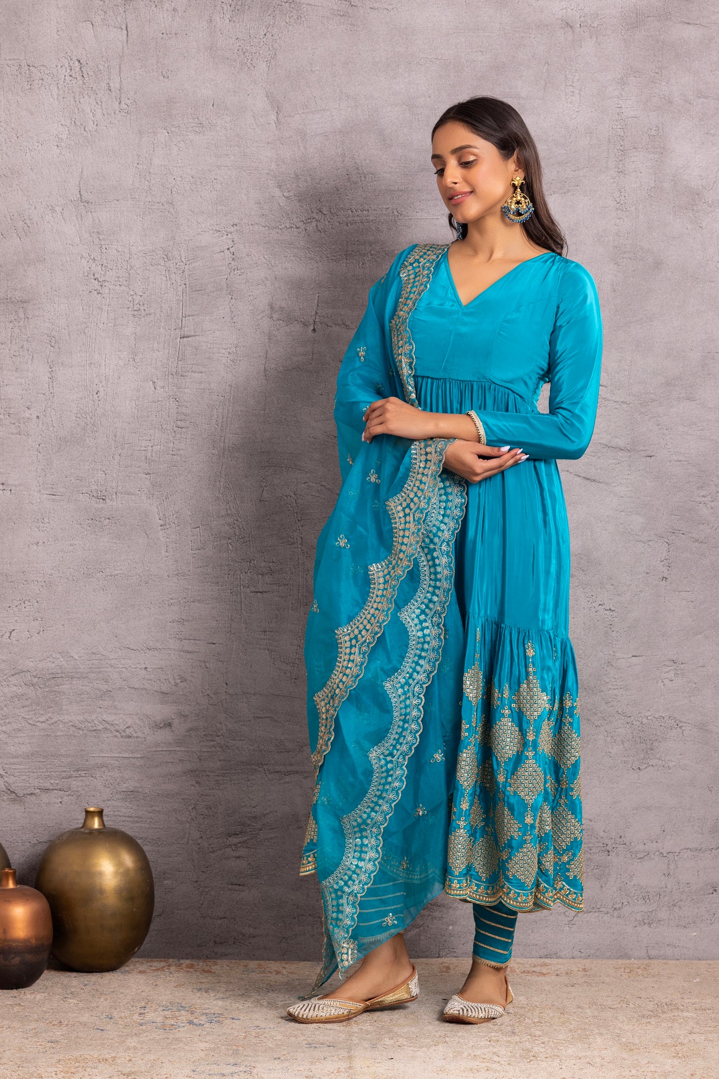 RAMA BLUE AND GOLD FLARED EMBROIDERED SUIT SET