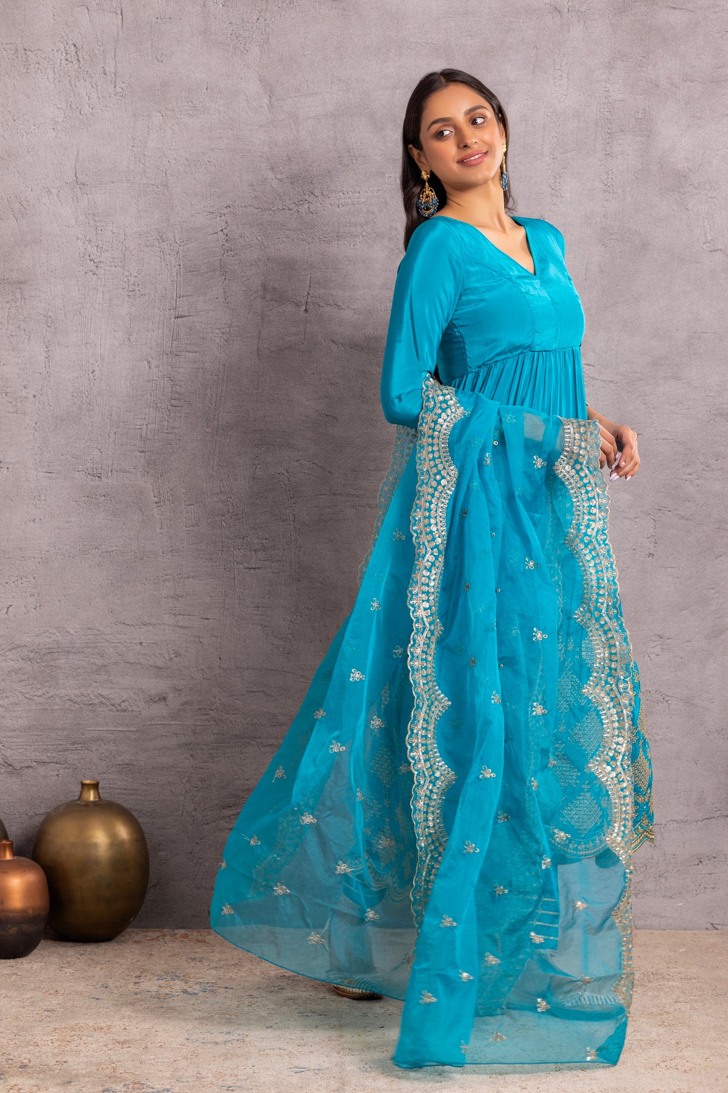 RAMA BLUE AND GOLD FLARED EMBROIDERED SUIT SET