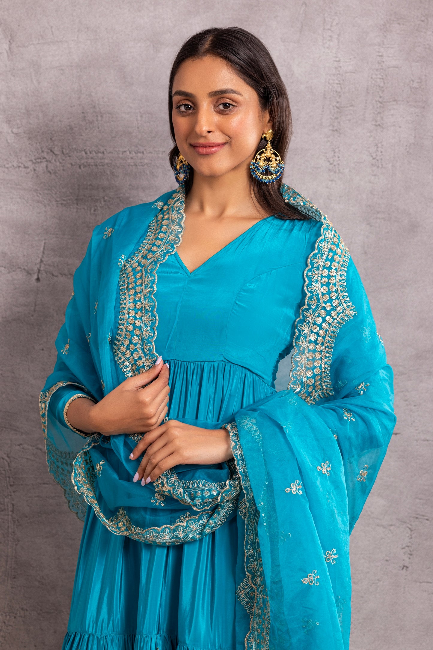 RAMA BLUE AND GOLD FLARED EMBROIDERED SUIT SET