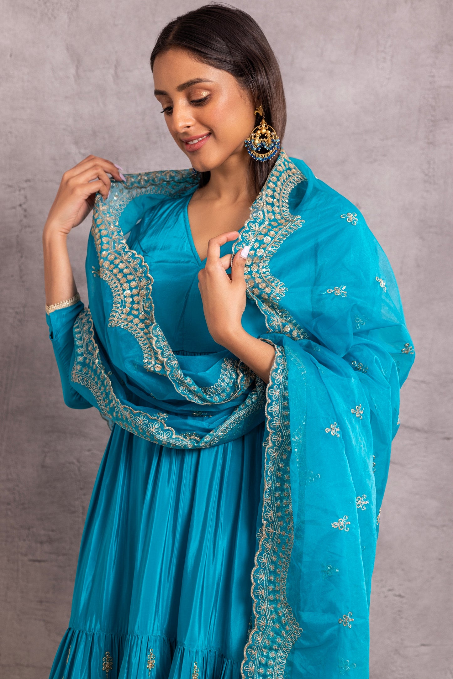 RAMA BLUE AND GOLD FLARED EMBROIDERED SUIT SET