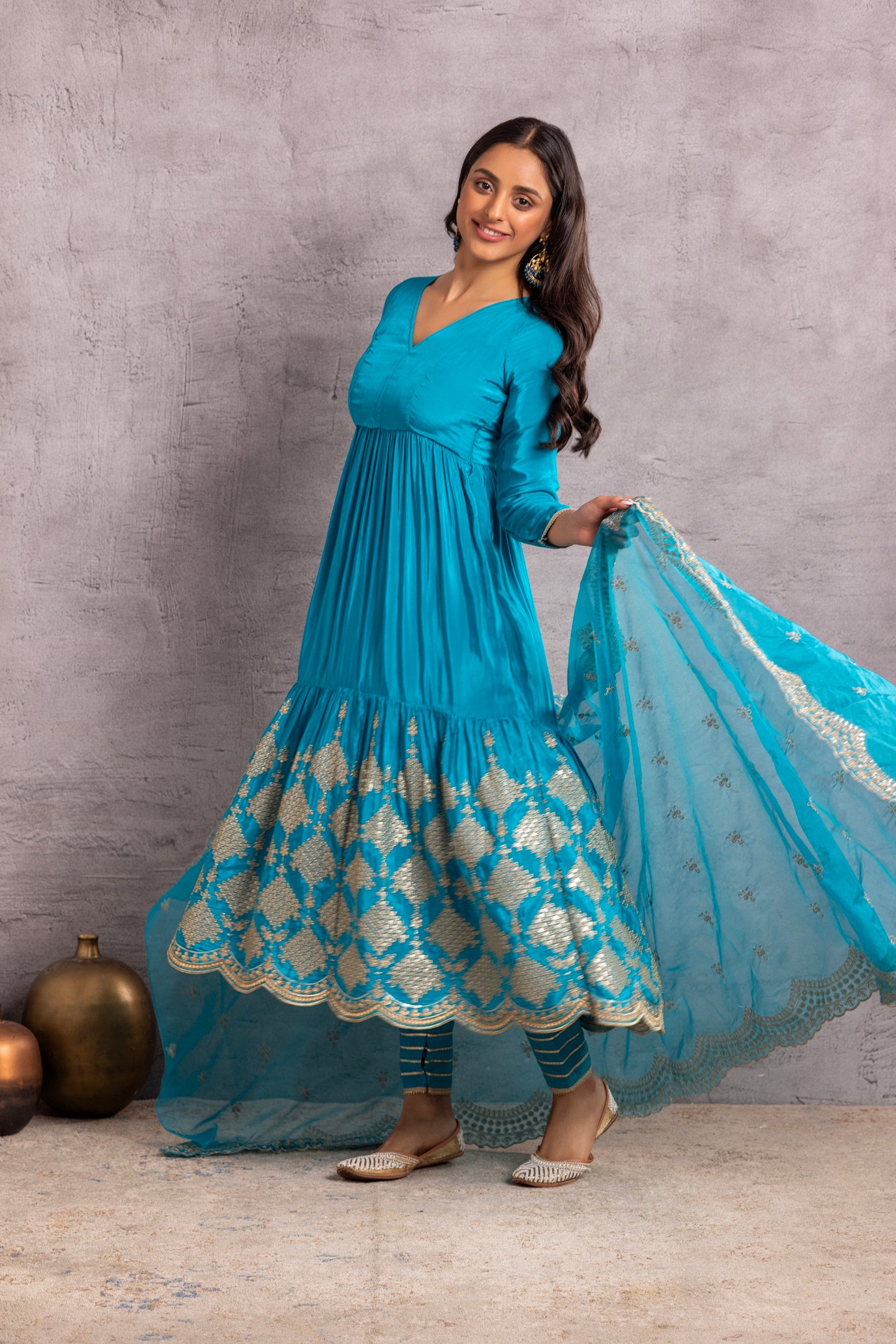 RAMA BLUE AND GOLD FLARED EMBROIDERED SUIT SET