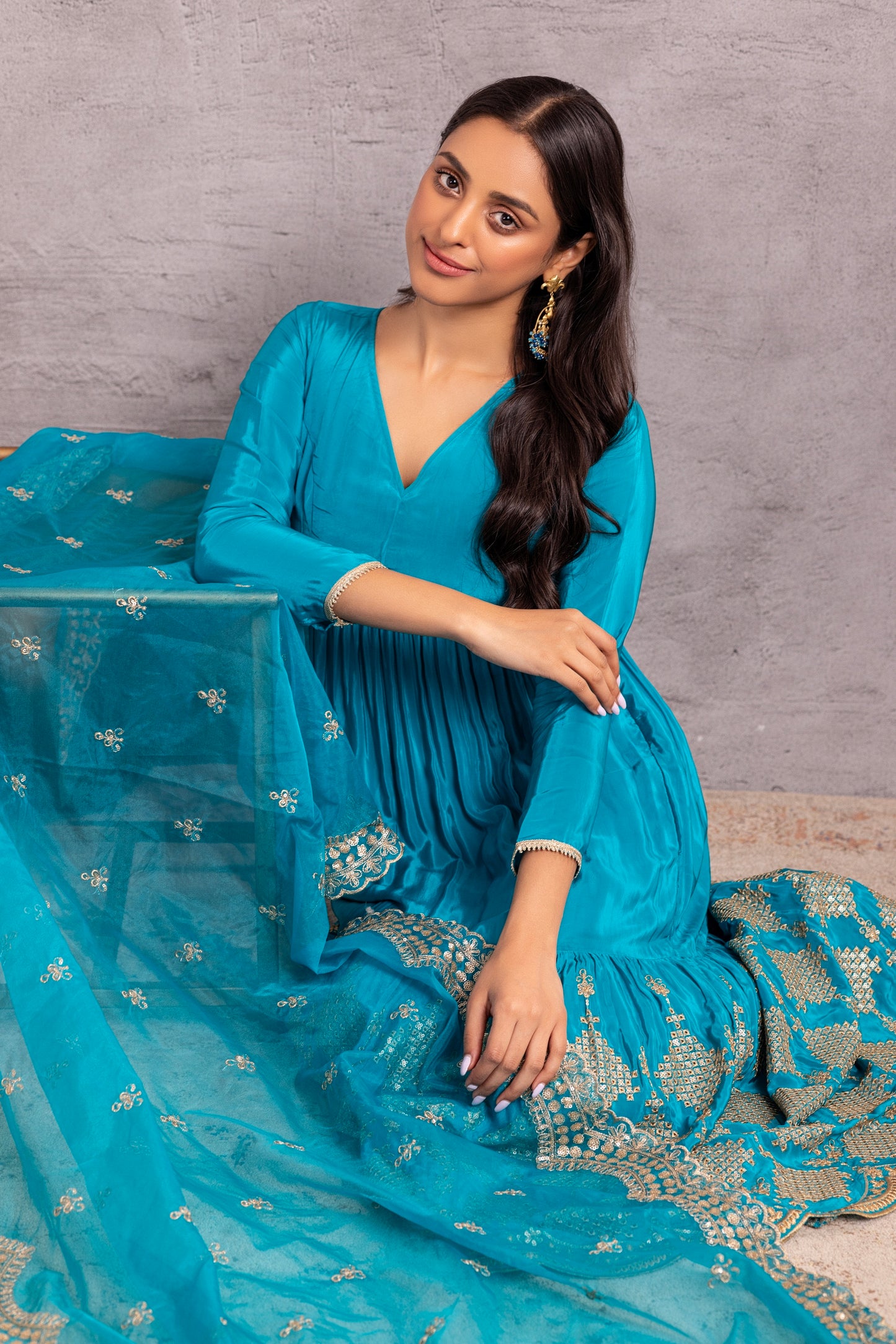 RAMA BLUE AND GOLD FLARED EMBROIDERED SUIT SET
