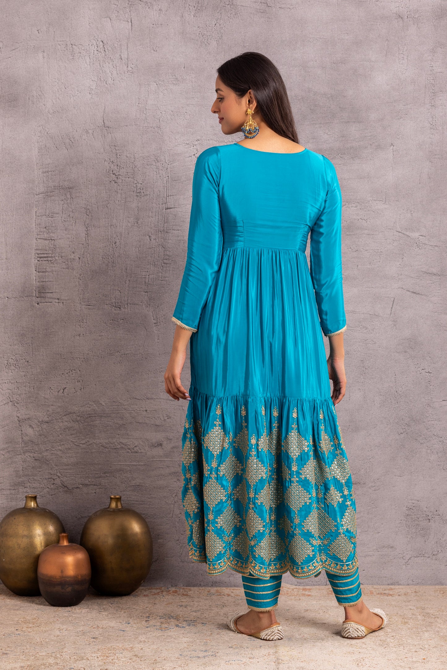 RAMA BLUE AND GOLD FLARED EMBROIDERED SUIT SET