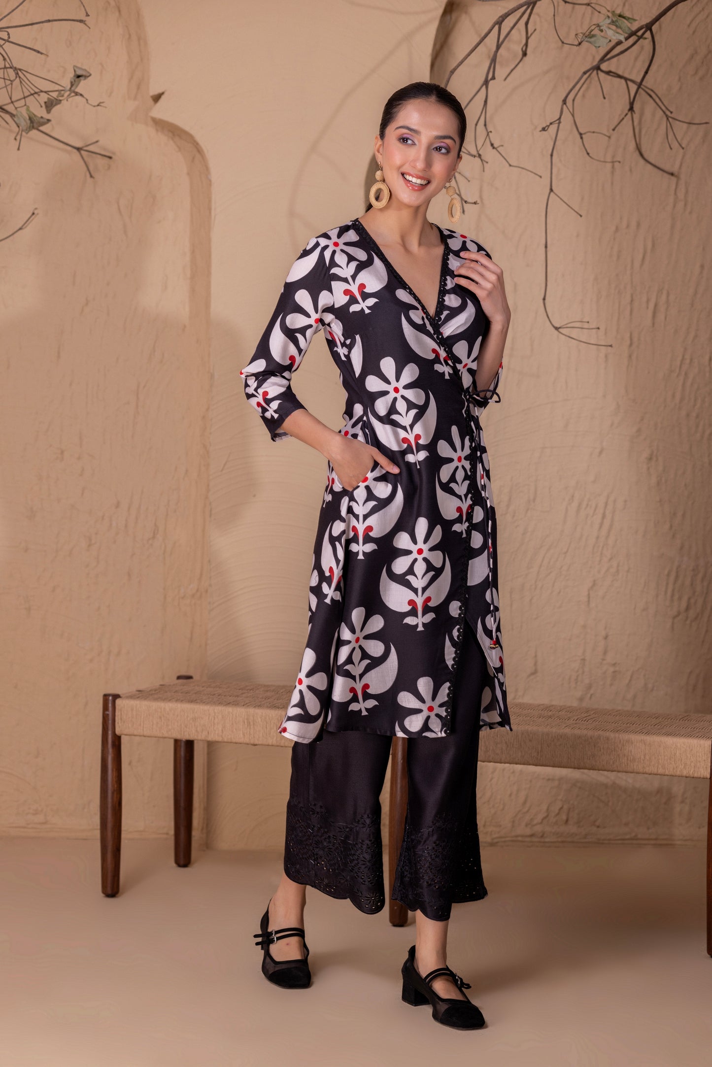 BLACK FLORAL PRINTED WRAP KURTA SET