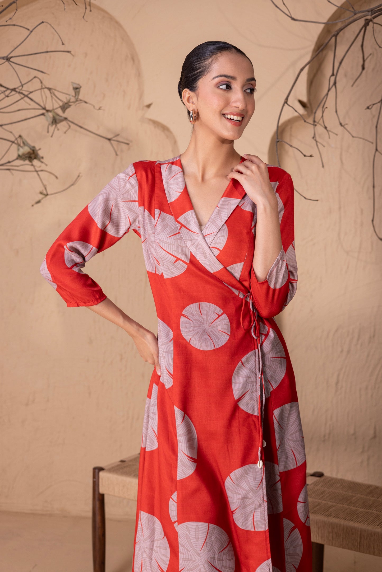 RUST ABSTRACT PRINT WRAP KURTA SET