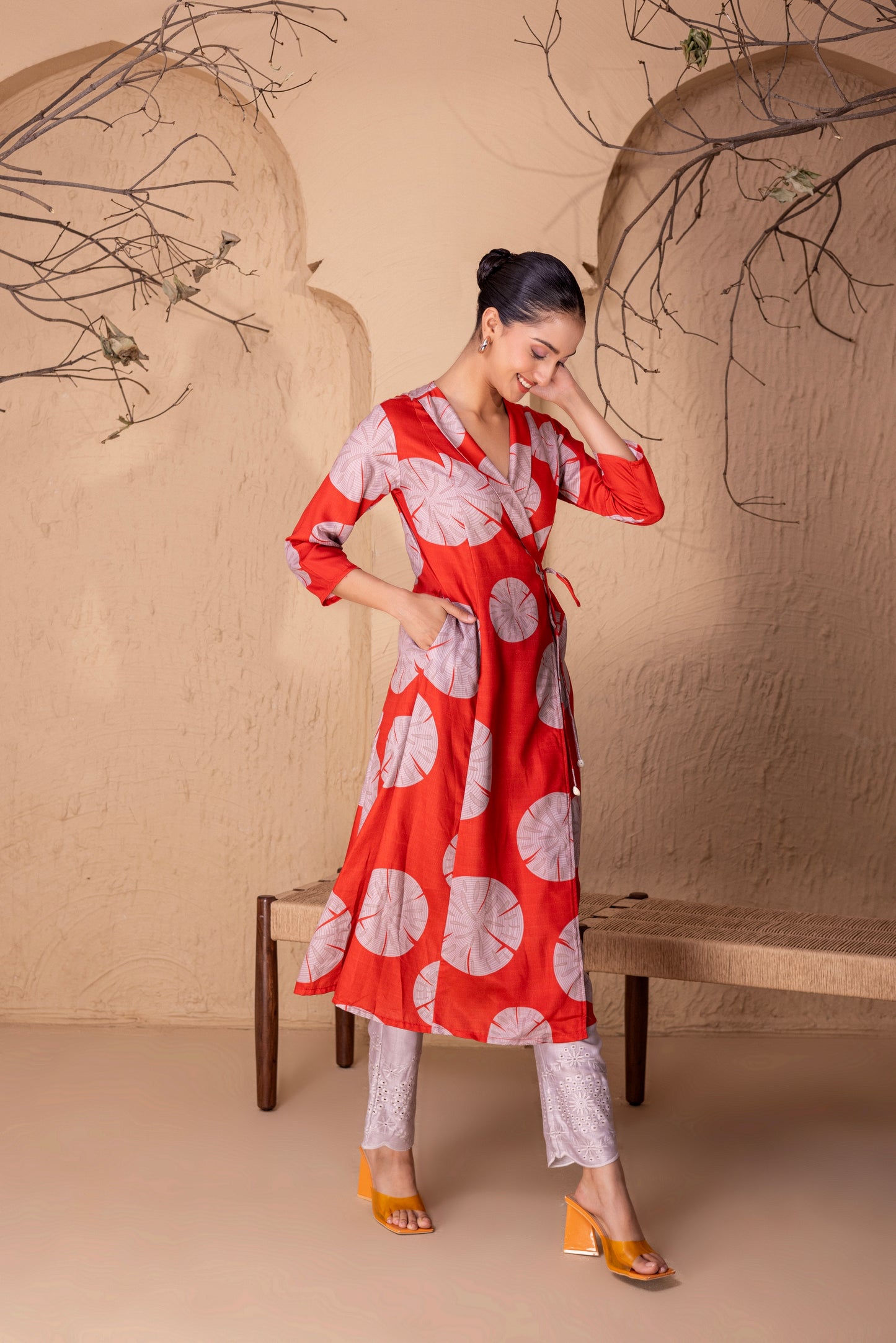 RUST ABSTRACT PRINT WRAP KURTA SET