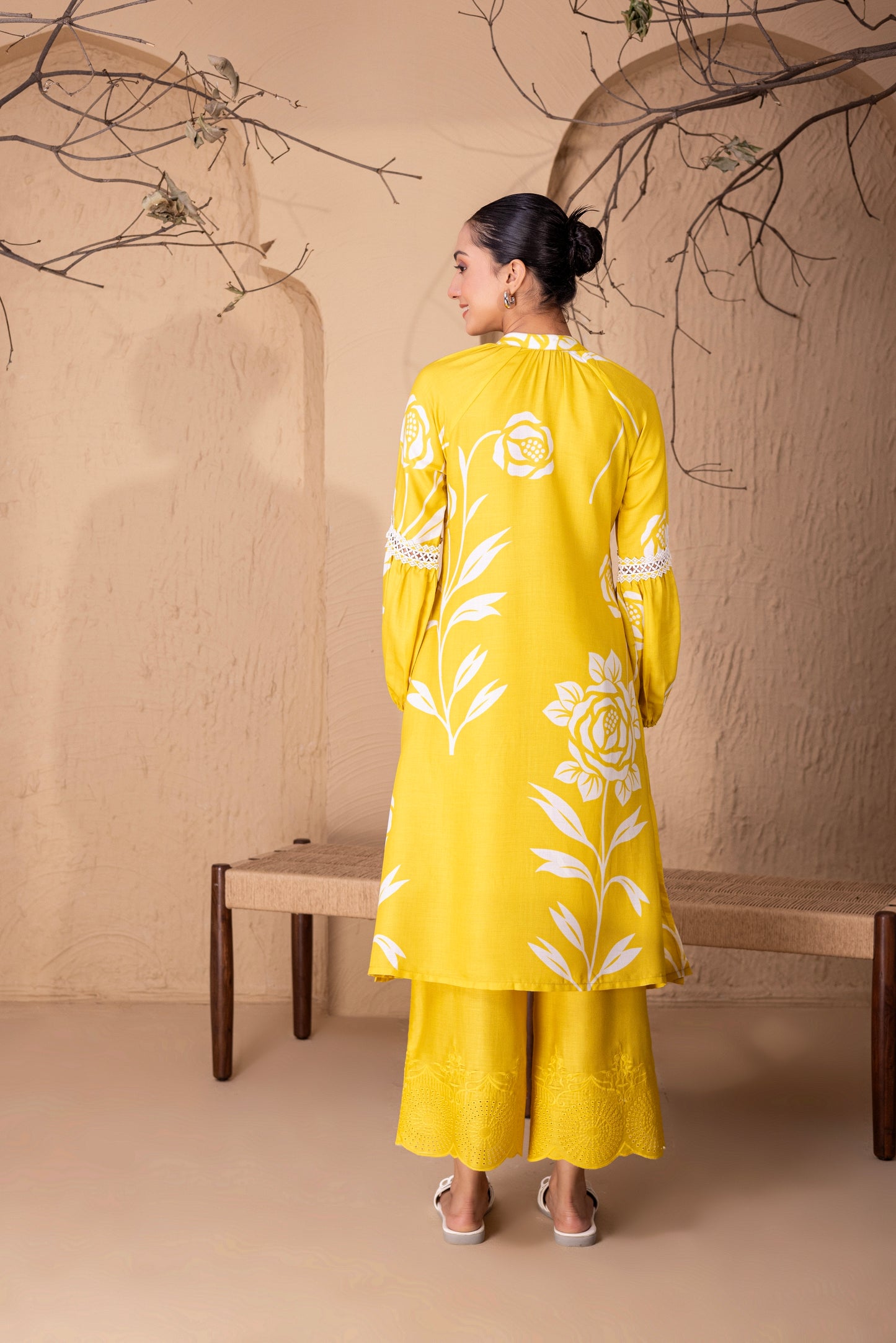 YELLOW FLORAL PRINT KURTA WITH BALOON SLEEVES