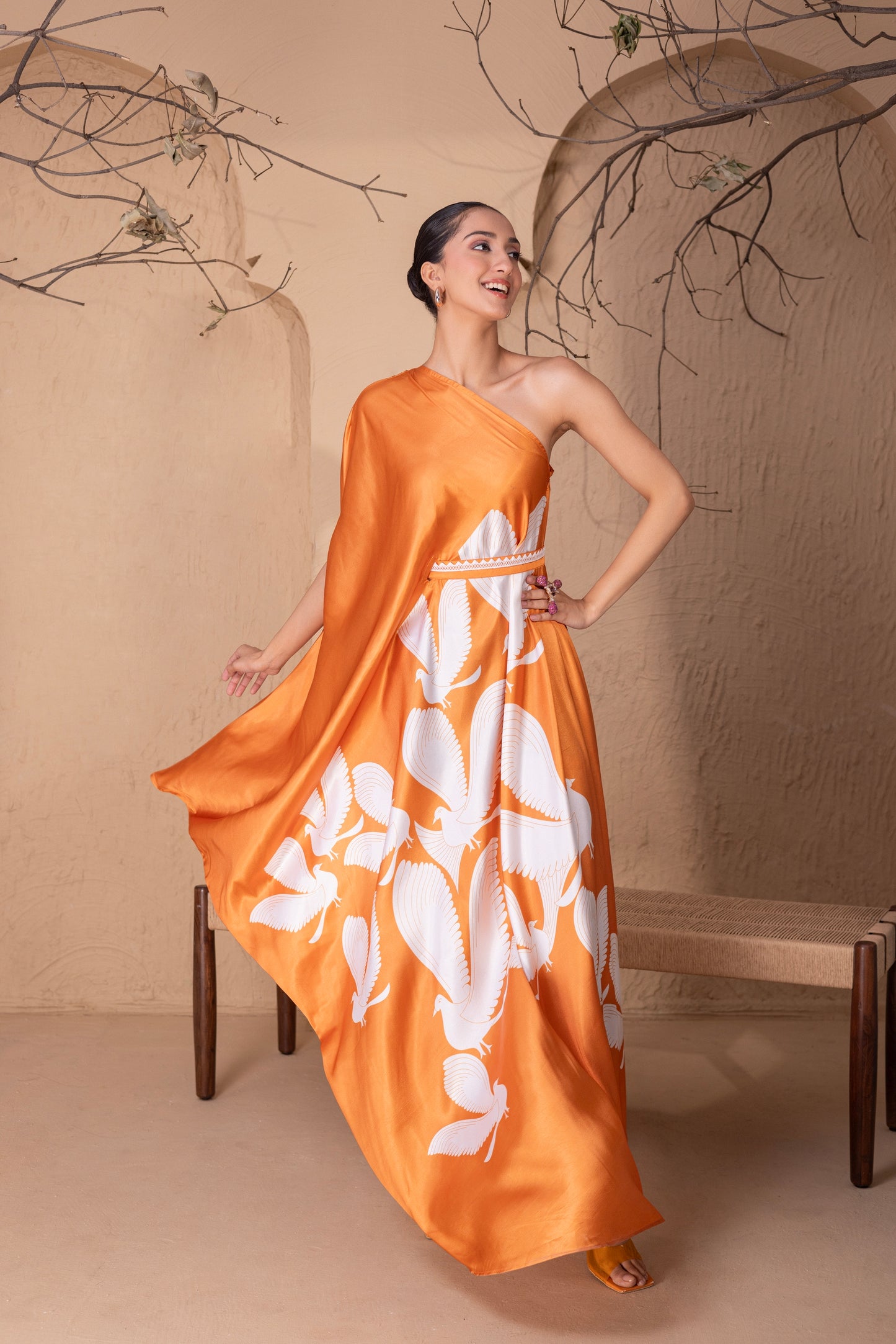 TANGERINE FLOCK DRAPE FUSION DRESS