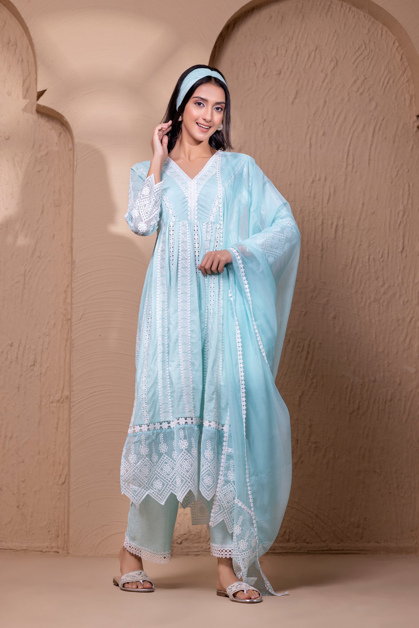 AQUA WHITE FLORAL FLARED ANARKALI SUIT SET