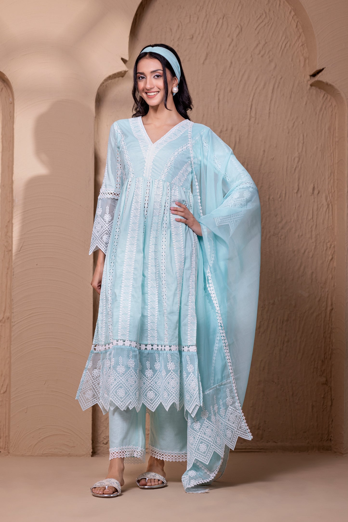 AQUA WHITE FLORAL FLARED ANARKALI SUIT SET