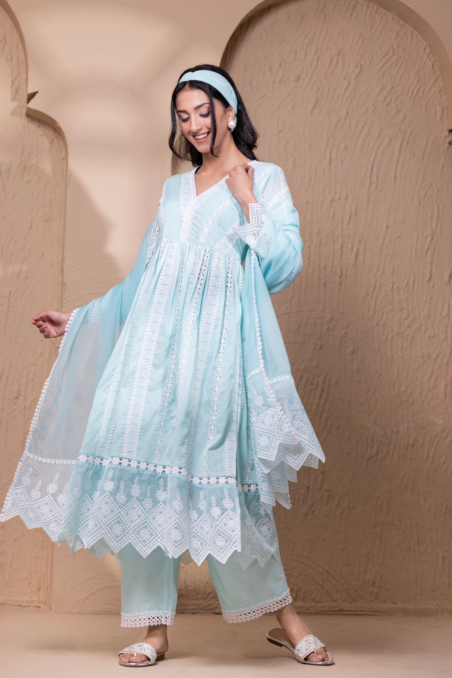 AQUA WHITE FLORAL FLARED ANARKALI SUIT SET
