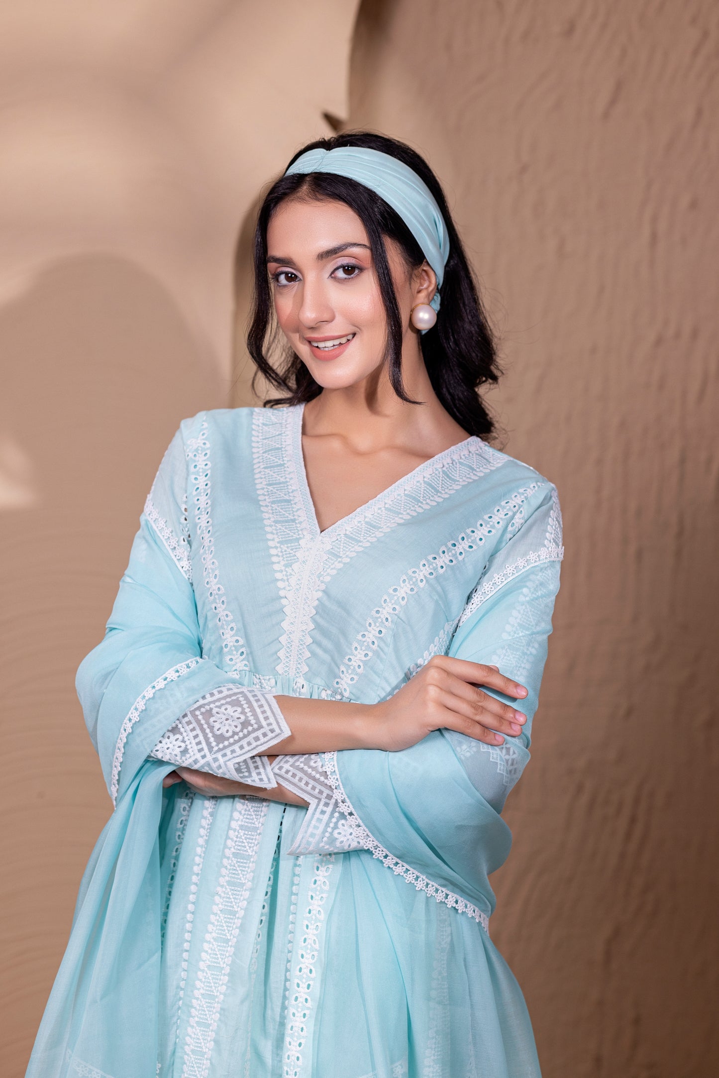 AQUA WHITE FLORAL FLARED ANARKALI SUIT SET