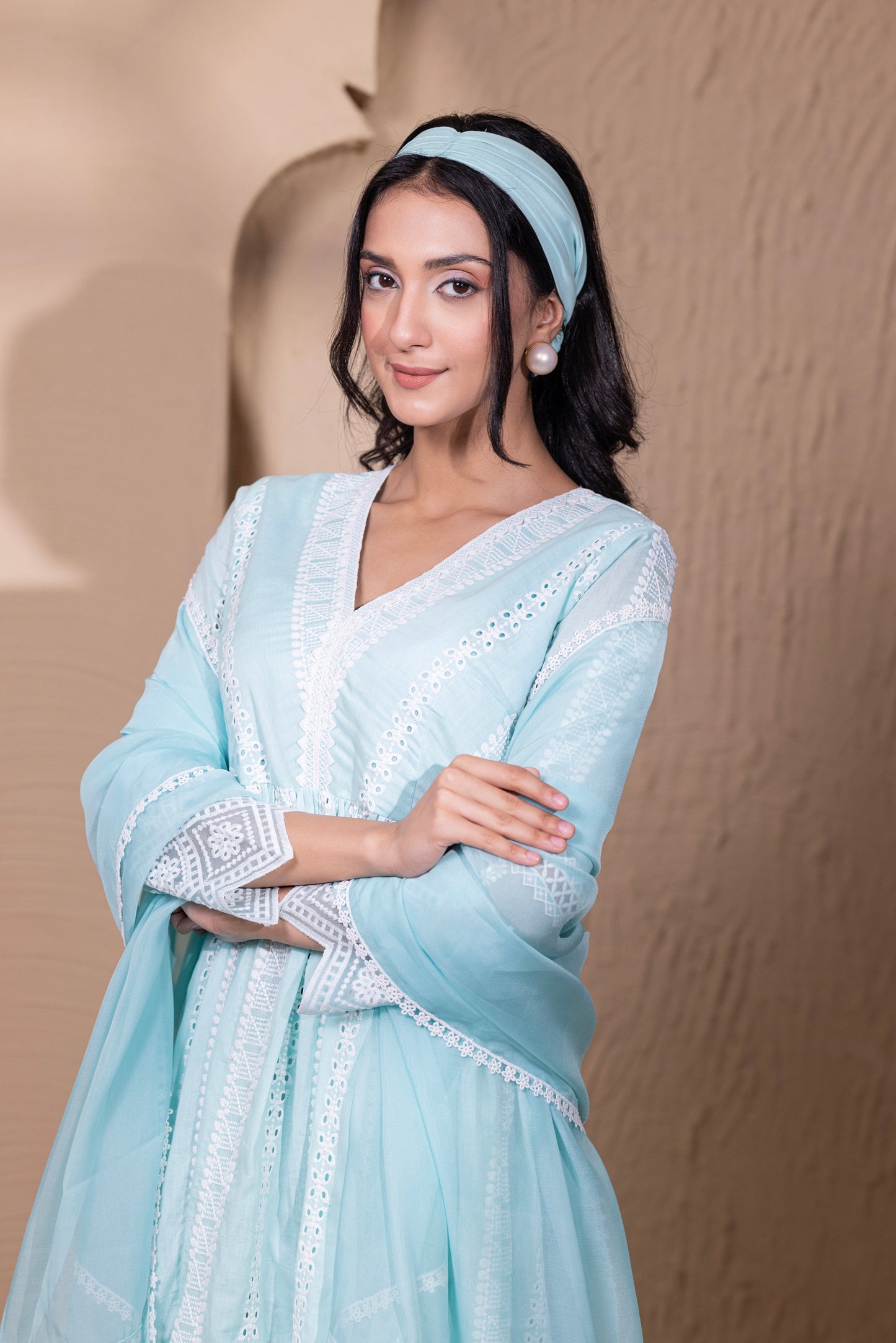 AQUA WHITE FLORAL FLARED ANARKALI SUIT SET