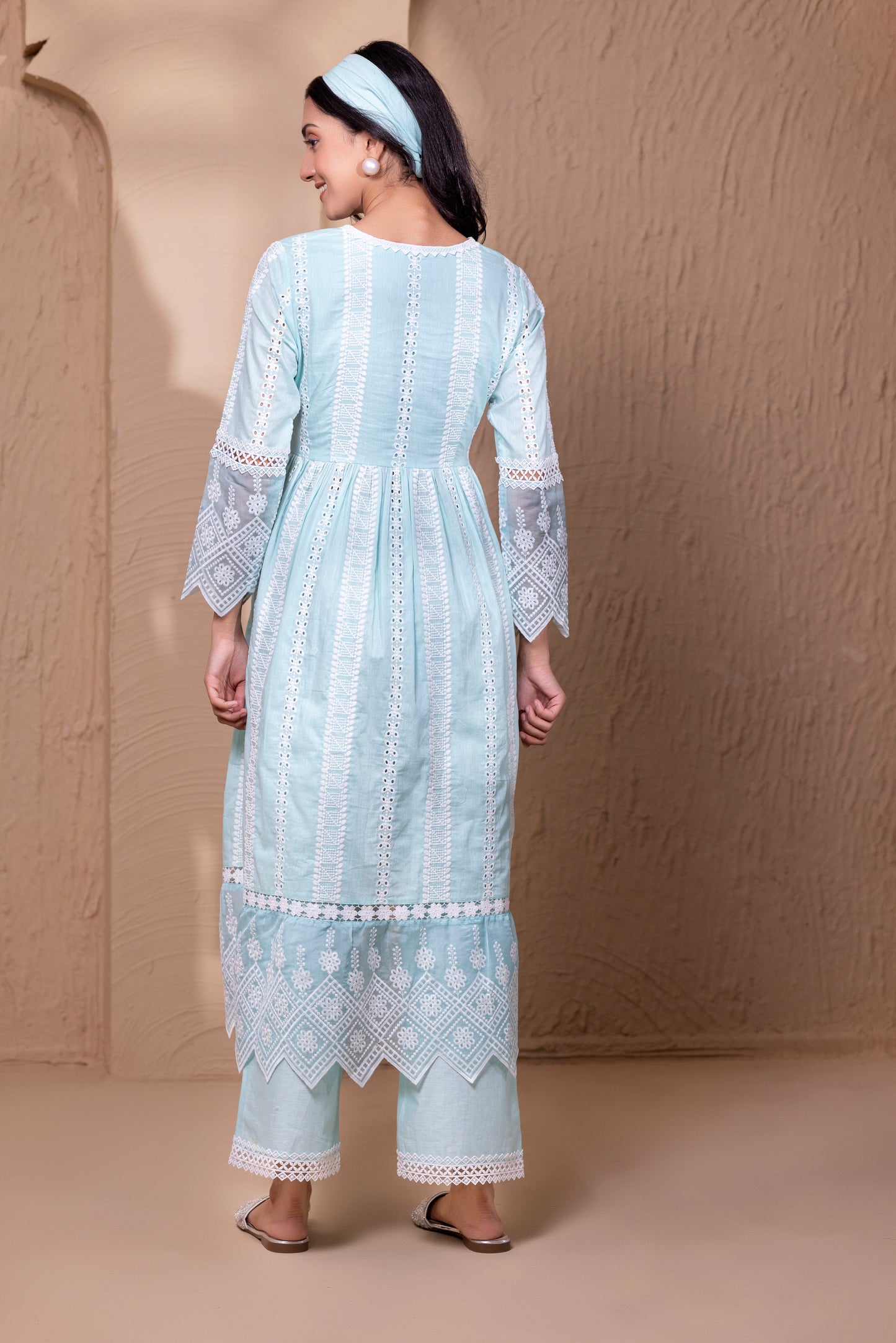 AQUA WHITE FLORAL FLARED ANARKALI SUIT SET
