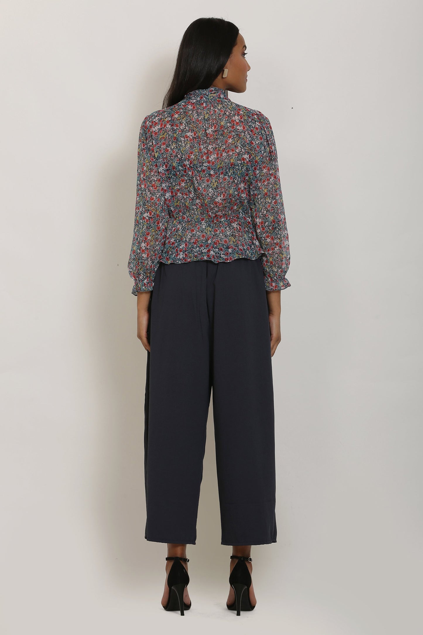 Teal Floral Print Top and Grey Culottes Set