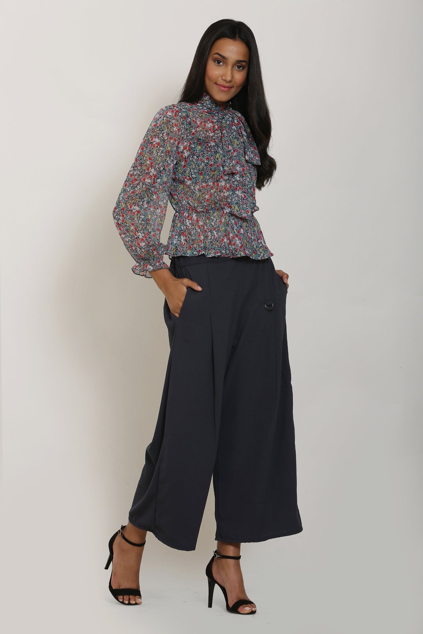 Teal Floral Print Top and Grey Culottes Set