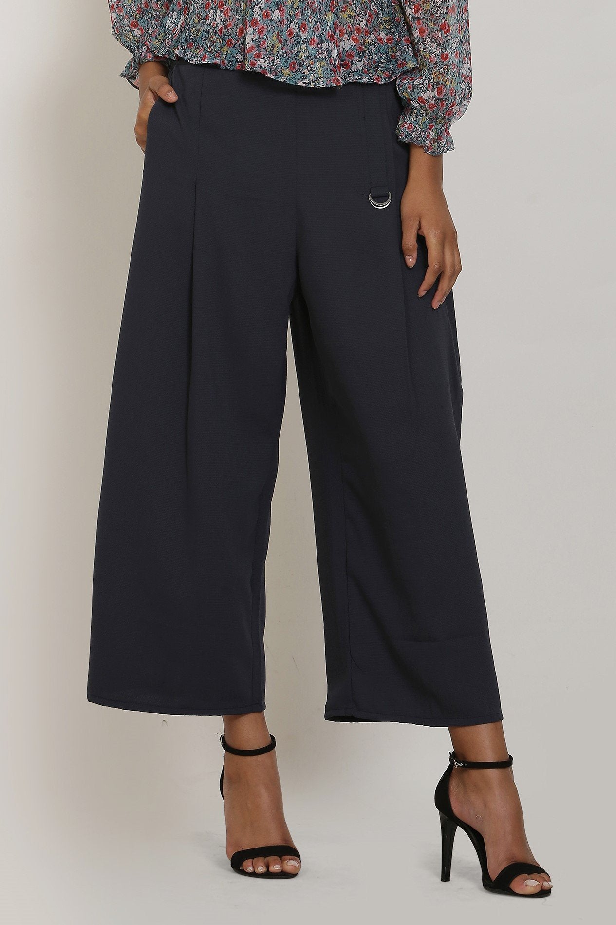Teal Floral Print Top and Grey Culottes Set