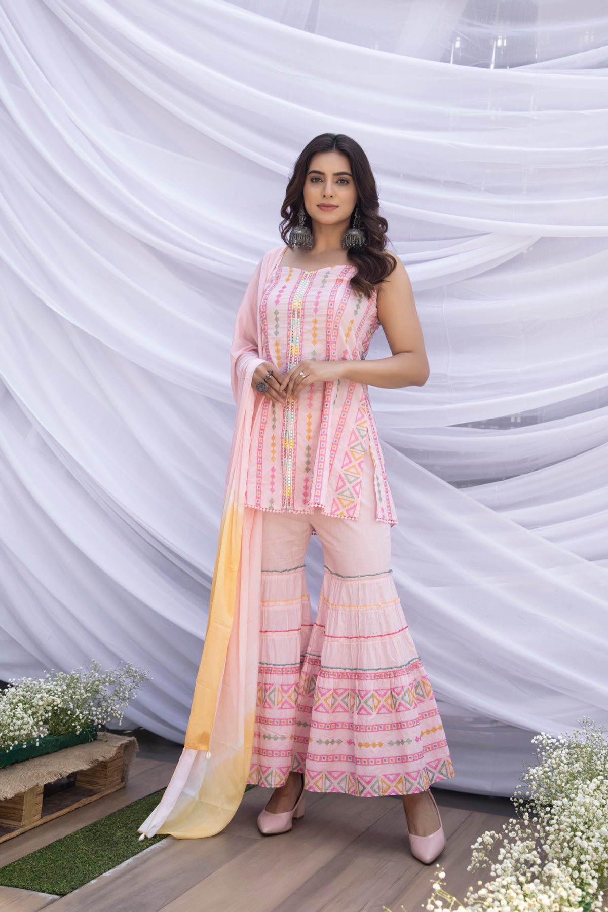 Baby Pink Halter Phulkari Suit Set