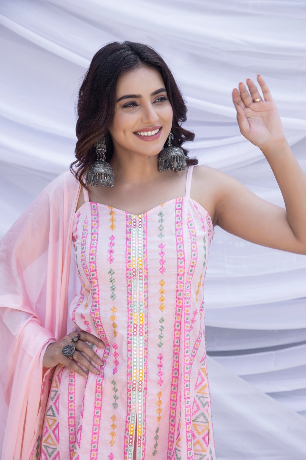 Baby Pink Halter Phulkari Suit Set