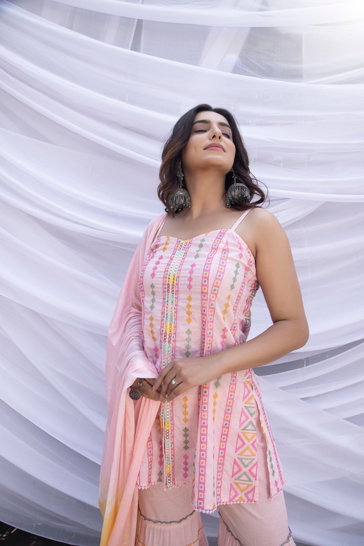 Baby Pink Halter Phulkari Suit Set