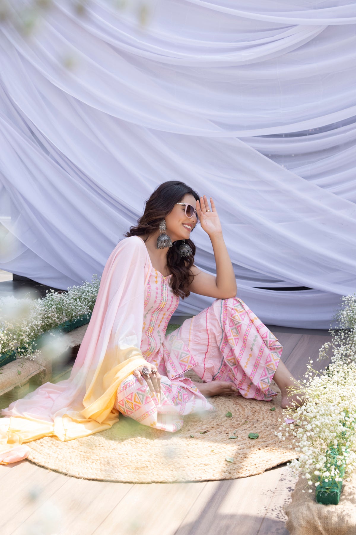 Baby Pink Halter Phulkari Suit Set