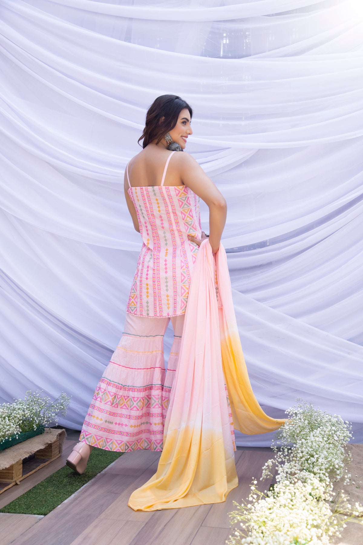 Baby Pink Halter Phulkari Suit Set