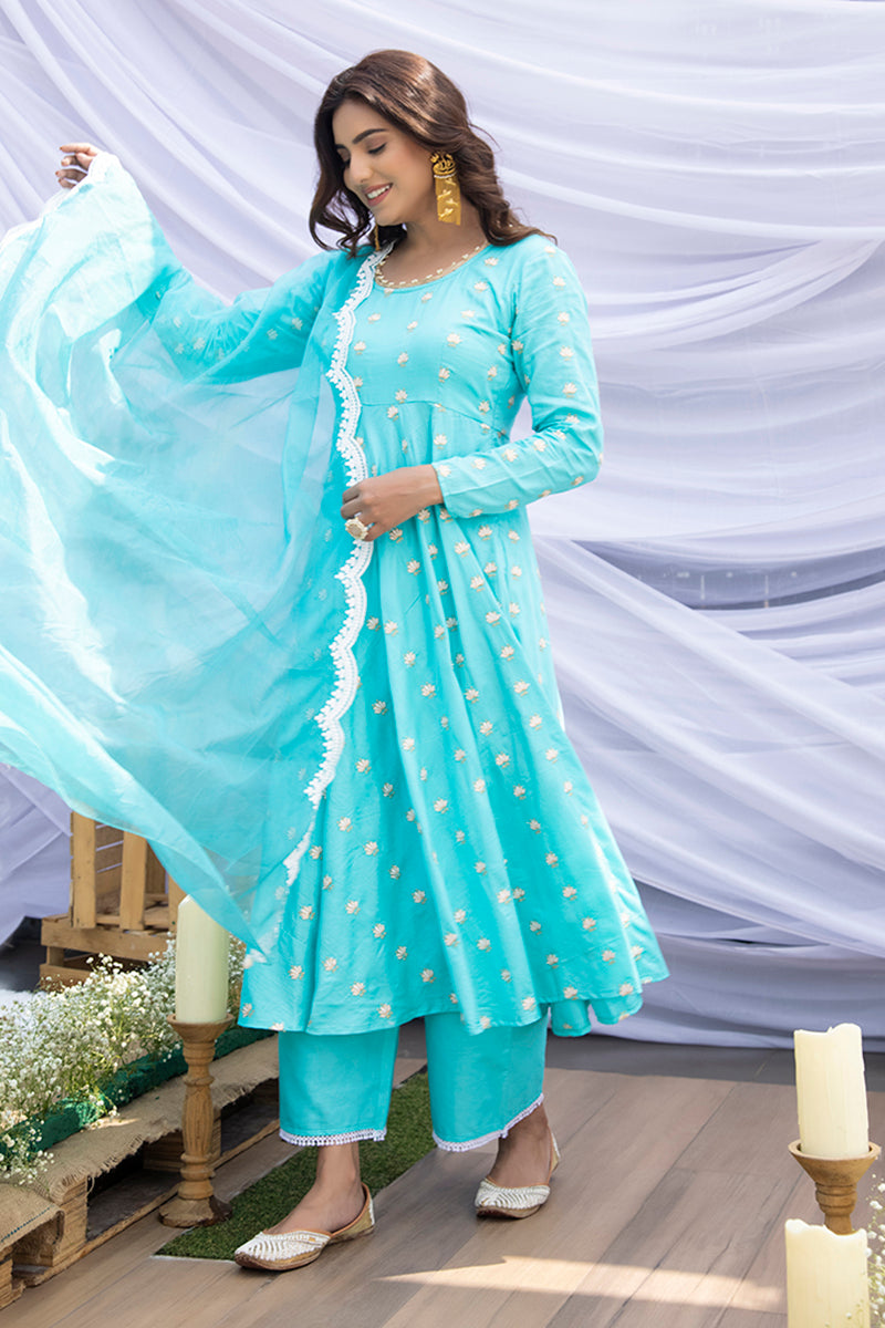 Tiffany Blue Lotus Embroidered Suit Set