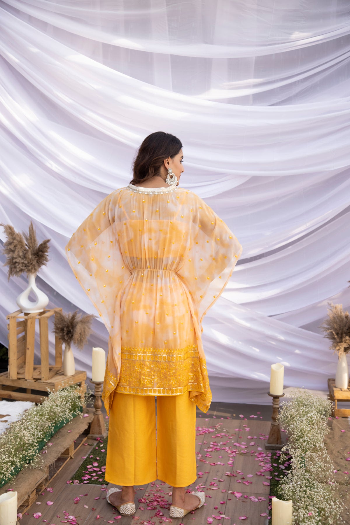 Yellow Shibori Embroidered Kaftan Set