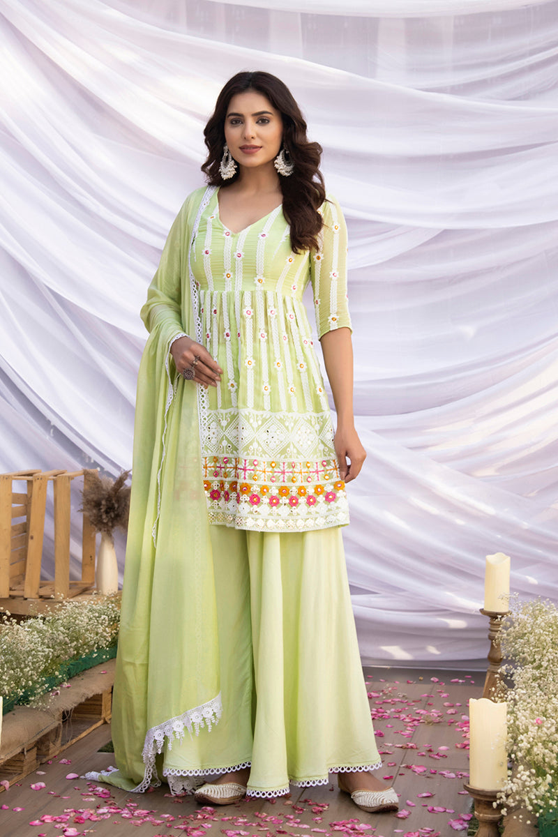 Pastel Green Multi-Color Embroidered Suit Set