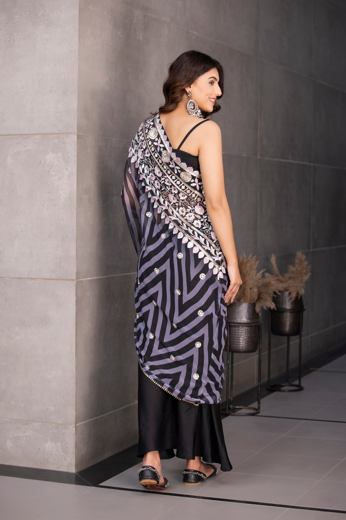 Black Saree Style Kaftan Set